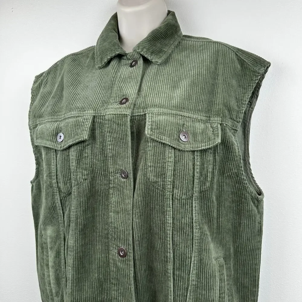 Zara Corduroy Vest Oversized Trucker Style Olive Green Women's Small